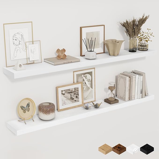 Fun Memories White Floating Shelves for Wall, 48 Inch Floating Shelves for Home Decor, Wall Mounted Rustic Wood Shelves, Bathroom, Hanging Deep Shelf for Bedroom, Living Room, Kitchen, 2 Packs