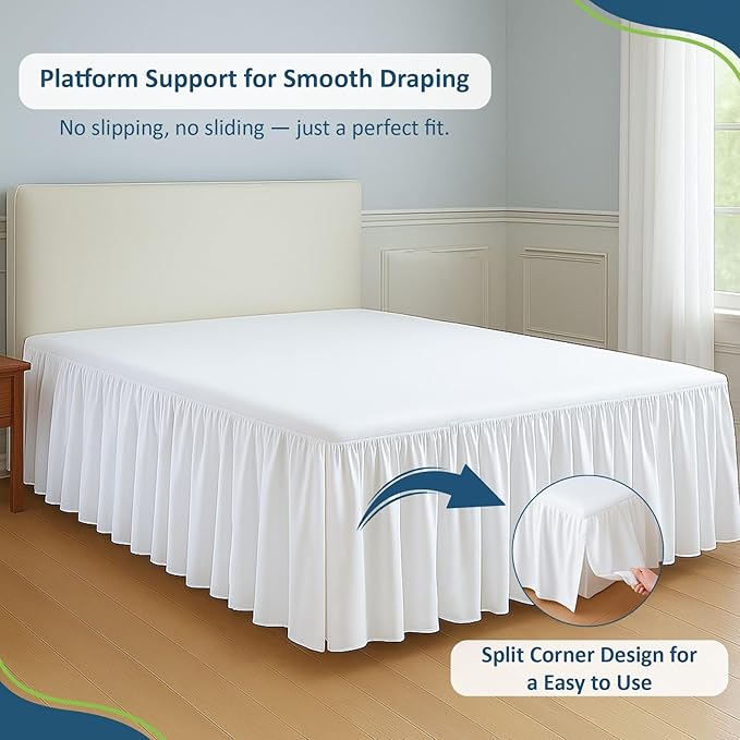 Rajlinen Ruffled Bed Skirt Twin XL, 14 Inch Drop Dust Ruffle with Split Corners, 100% Microfiber Bedskirt with Platform, Three-Sided Coverage Ruffled Gathering Design, White