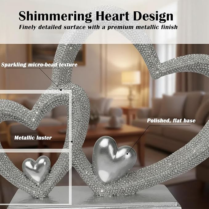 Double Heart Sculpture Valentine’s Day Statue, Faux Beaded Texture with Gold Accents, 7.9" Silver Romantic Decor for Shelf, Mantel, Bedroom, Wedding, for Her