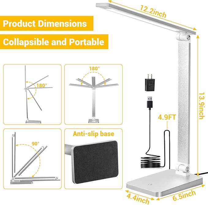 LED Desk Lamp for Home Office, 3 Levels Dimmable Desk Light with USB Charging Port, Small Study Lamp, Reading Light for Table, Silver, 5000K