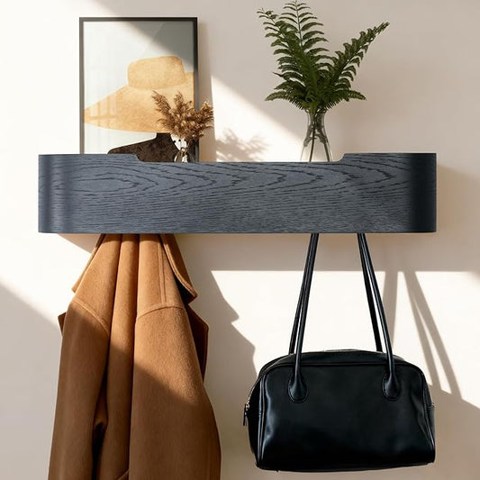 Wall Coat Rack Floating Shelves Modern Coat Rack Wall Mount with Storage Entryway Shelf Wooden Hanger 20 Inch 4 Hidden Metal Hooks for Living Room Bedroom (Black, 5 Hooks)