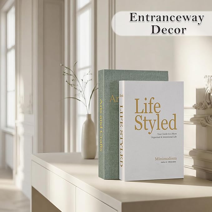 Decorative Book for Coffee Table: Linen Fabric with Gold Foil Faux Books - Set of 2 Boxes with Hidden Storage Solves Clutte - Neutral Modern Style