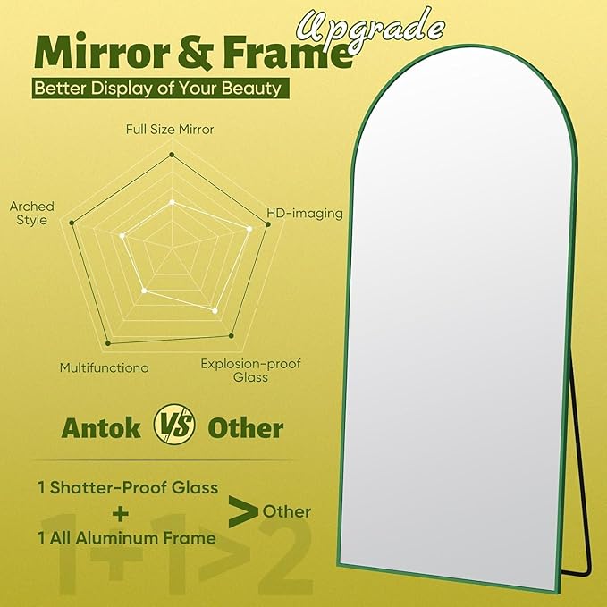 Antok Full Length Mirror, 58"x18" Floor Mirror, Arched Floor Standing Freestanding Arch Full Body Mirrors with Stand for Bedroom, Hanging Mounted for Living Room Cloakroom,Green