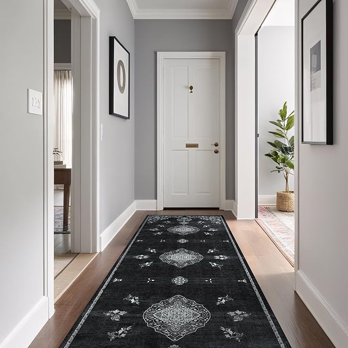 Beverly Rug Non Slip Rugs 2x7 Boho Medallion Floral Non Skid Rubber Backing Easy Silk Soft Runner Rug for Living Room Easy to Clean Non Shedding Kitchen Bedroom Indoor Carpet (2 x 7 Black - White)
