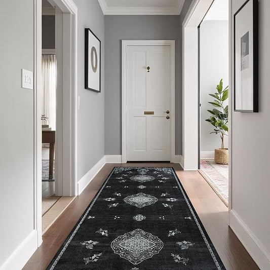 Beverly Rug Non Slip Rugs 2x7 Boho Medallion Floral Non Skid Rubber Backing Easy Silk Soft Runner Rug for Living Room Easy to Clean Non Shedding Kitchen Bedroom Indoor Carpet (2 x 7 Black - White)
