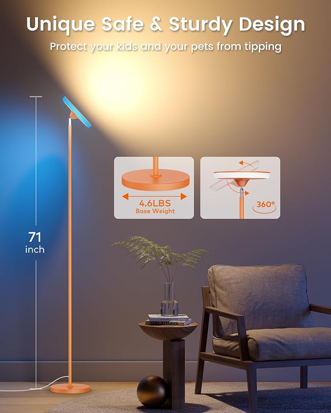 WOWLUMEN UFO Floor Lamp 71in, Upgraded 42W 3700LM LED Torchiere Floor Lamps for Living Room, Modern Tall Bright Standing Light with Remote, Dimmable Sky Light,1/2/3H Timer for Bedroom,Office(Orange)