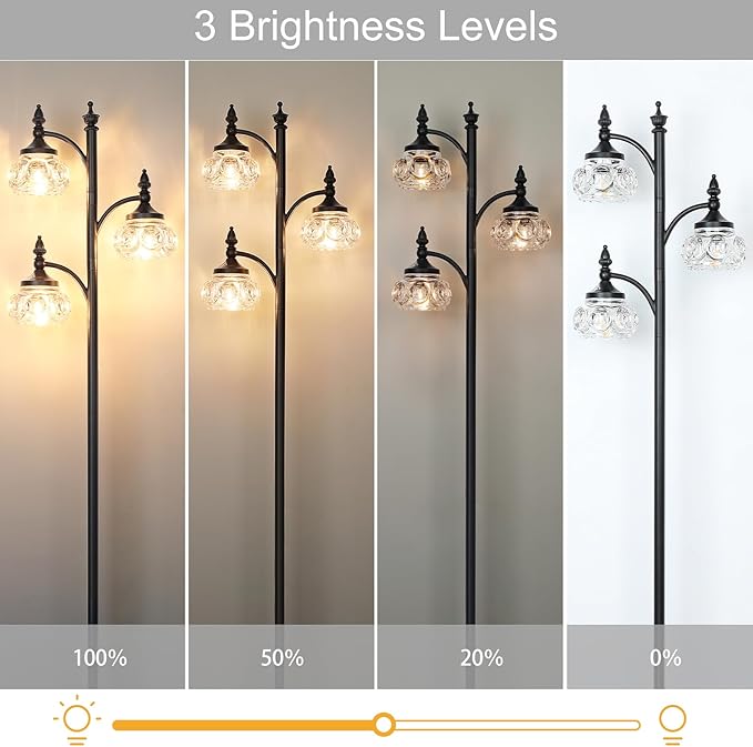 JUNNAI Black Floor Lamp for Living Room,Tall Standing Lamp Dimmable Tree Floor Lamps with 3 Rotatable Lights Glass Shade 66.5'' Modern Corner Lamp for Bedroom Office(3LED Bulbs Included)