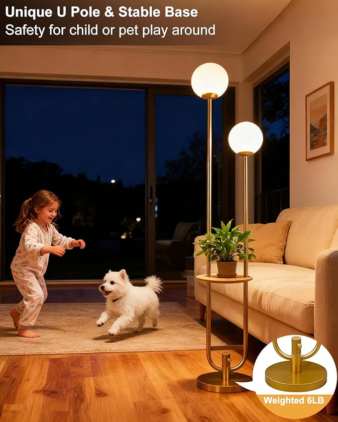 Lightdot 63IN Gold Floor Lamp with U Pole, 2 Globe Mid Century Standing Lamps with Warm White LED Bulbs, Unique Vintage Tall Floor Lamp for Living Room/Wedding/Party