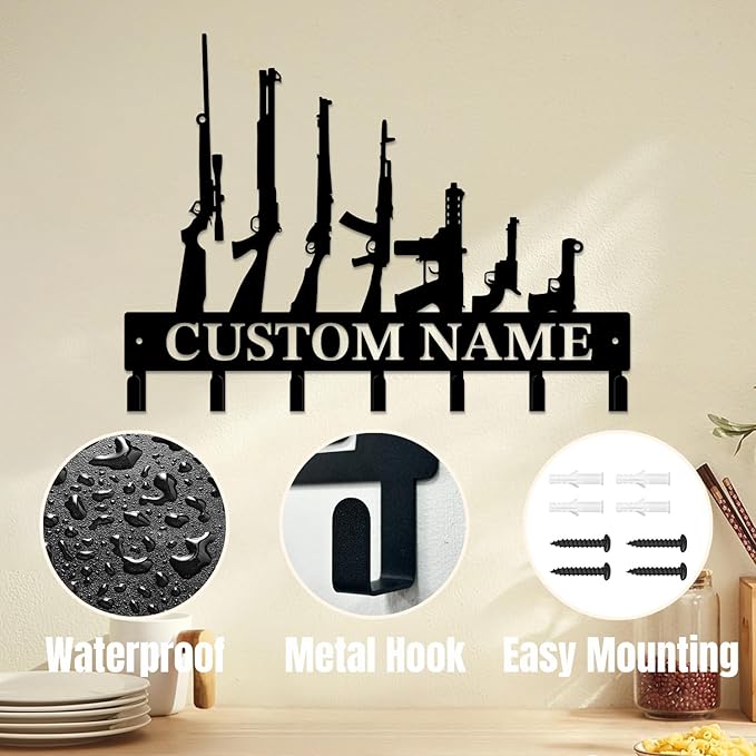 Personalized Custom Name Gun Wall Hooks,Metal Gun Room Art Clothes Hooks,Metal Gun Wall Home Storage Decorative,For Front Door, Hallway, Kitchen, Bedroom,Keys,Hats (Style G)