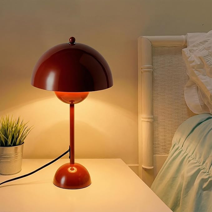COSYLUX Modern Small Table Lamp for Bedroom, Cute Dome Shade Reflecting Light Reading Lamp for Living Room, Kid's Room, Study, Office, Beside Bedside Nightstand Desk Lamp(Dark Red/Burgundy)