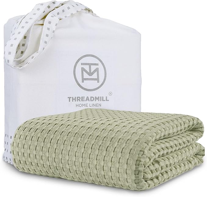 Threadmill Cooling Cotton Waffle Queen Size Blanket | Breathable, Lightweight & Ultra-Soft |Made from Rayon Derived from Bamboo | Cooling Throw Blanket for Couch and Sofa|90 x 92 Inches | Sage Green