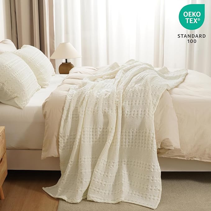 PHF 100% Cotton Waffle Weave Throw Blanket, Soft Lightweight Breathable Cozy Throws for Couch Bed Sofa, 300 GSM Luxury Aesthetic Blanket Gift for Home Decor & Office, 50"x60", Cannoli Cream