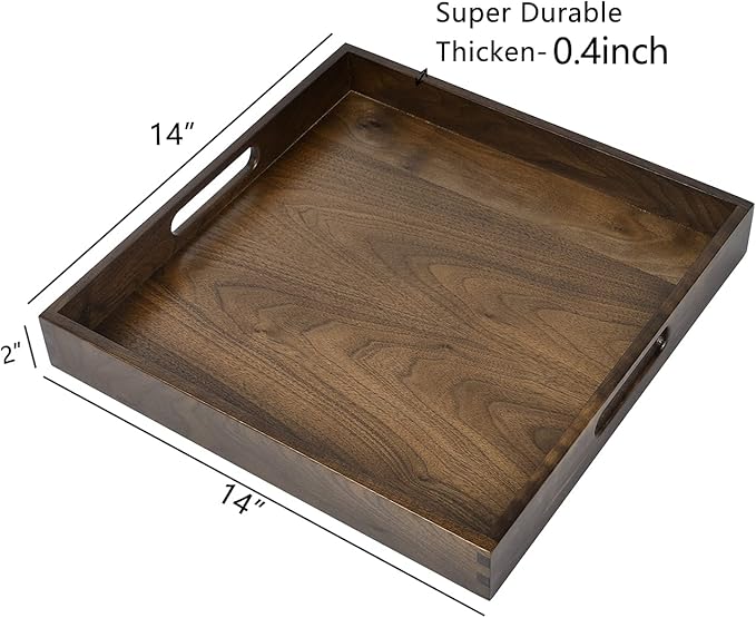 14 x 14 inches Large Square Ottoman Tray Solid Wooden Black Walnut Table Platter Decorative Serving Tray with Handle for Oversized Ottoman Home Breakfast in Bed Tea Coffee
