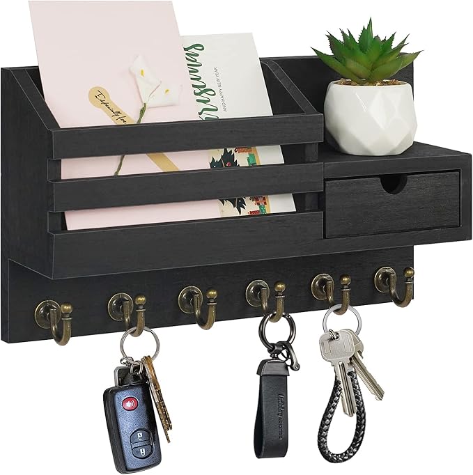 FifthQuarter Key and Mail Holder for Wall, Mail Organizer Wall Mount with 6 Hooks and Storage Drawer, Easy Installation Key Rack for Entryway and Home Decor (A-Black)