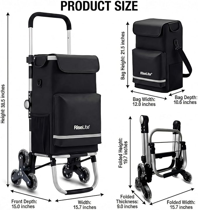 Stair Climbing Shopping Cart for Seniors, Tri-Wheel Grocery Cart for Stairs & Apartments, Foldable Utility Trolley with Insulated Cooler & Adjustable Handle, 110 lbs, Waterproof