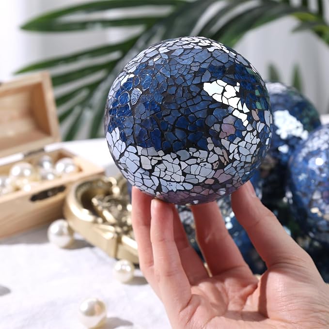 DomeStar 3PCS Decorative Balls, Mosaic Glass Orbs Centerpiece Balls 4inch Dark Blue Orbs for Decorate Bowls Vases Tables Wedding Party