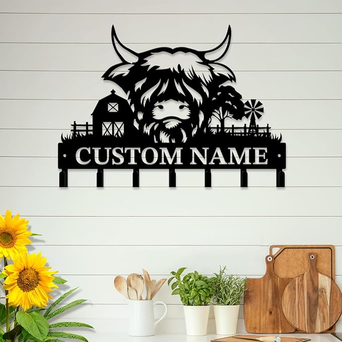 magilab Personalized Custom Highland Cow Wall Hooks,Metal Highland Cow Art Clothes Hooks,Metal Highland Cow Wall Home Storage Decorative,for Front Door, Hallway, Kitchen, Bedroom,Keys,Hats (Style M)