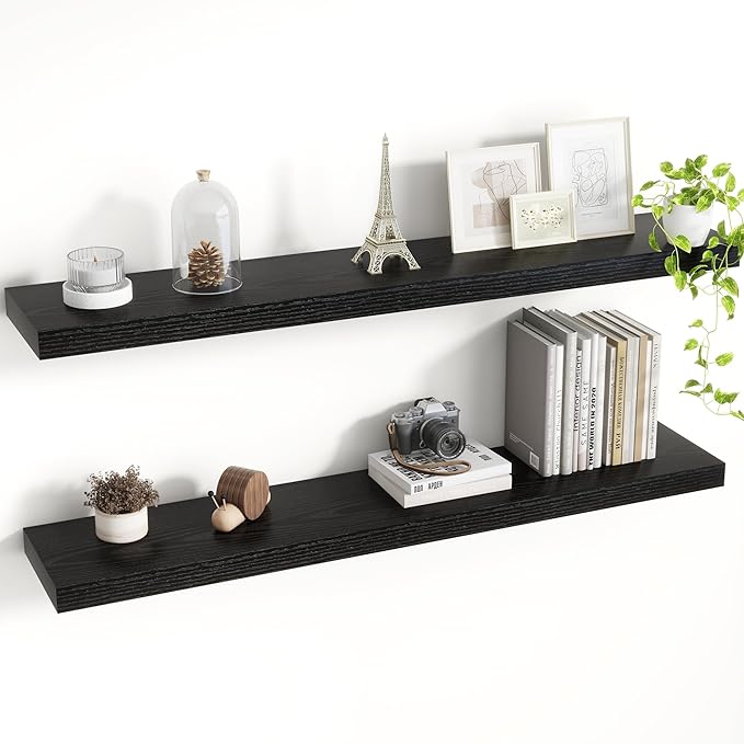 40 Inch Floating Shelves, 8 Inch Deep Floating Shelves for Wall, Hanging Shelf with Invisible Brackets, Deep Shelves for Bathroom, Bedroom, Living Room, Black, Set of 2