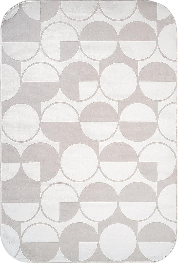 Beverly Rug Modern Geometric Area Rug 5x7 Low-High Pile Durable Soft Abstract Circular Indoor Rugs for Living Dining Room Office Stain Resistant Non Shedding Casual Indoor Carpet Beige White 5 x 7