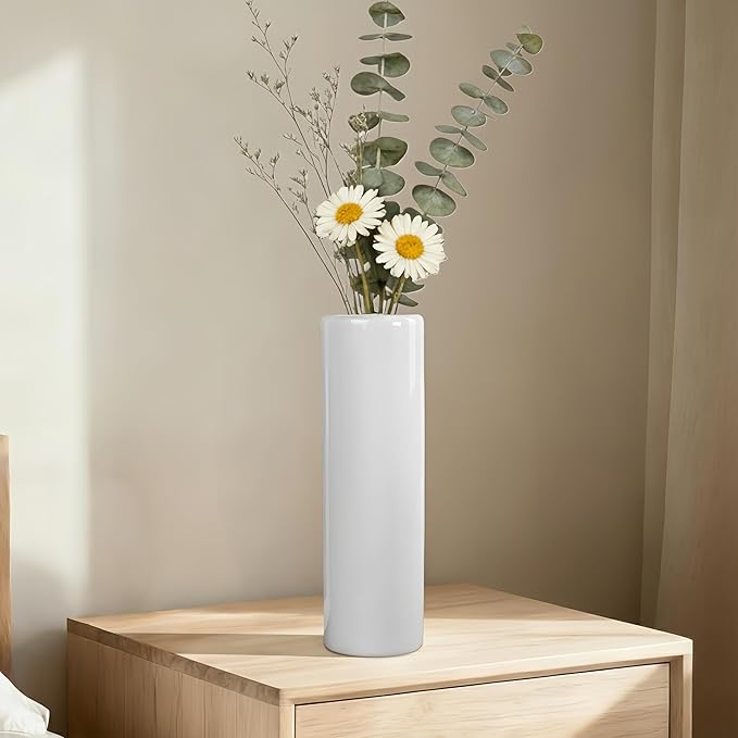 12 Inch White Vase Ceramic Flower Vase, Tall Vases for Pampas Grass, Home Decor, Modern Textured Vases for Living Room Decorations,Table Centerpieces,Shelf,Farmhouse Small Ceramic Vase