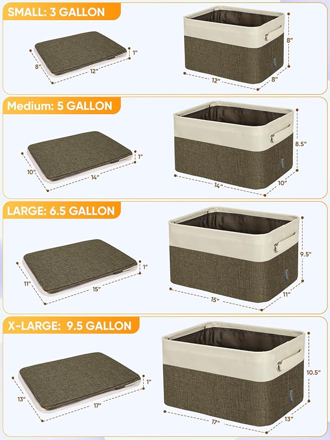 BALEINE 2 Pack Fabric Storage Bins for Shelves, Linen Storage Baskets for Organizing, Decorative Closet Bins for Clothes, Home (Brown, 17''x13''x10.5'')