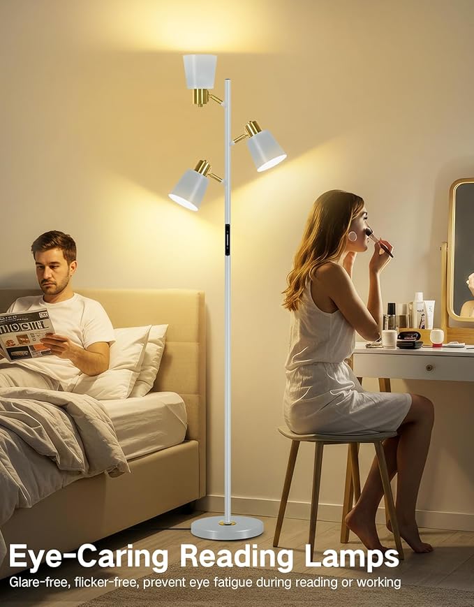 OUTON LED Tree Floor Lamp, Modern Dimmable Standing Lamp with Remote & Touch Control, 4 Color Temperatures, 3 Rotatable Lights Floor Lamps for Living Room, Bedroom, Office, Grey & Gold