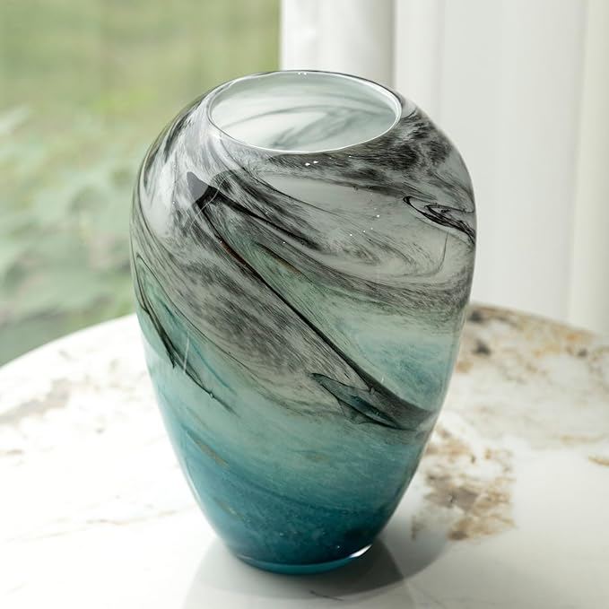 11" H Teal Glass Vases for Flowers, Unique Hand Blown Glass Vase Blue Home Decor, Wide Mouth Colorful Flower Vase Centerpieces, for Living Room Table Bookshelf, Bathroom Office Shelf Decorative