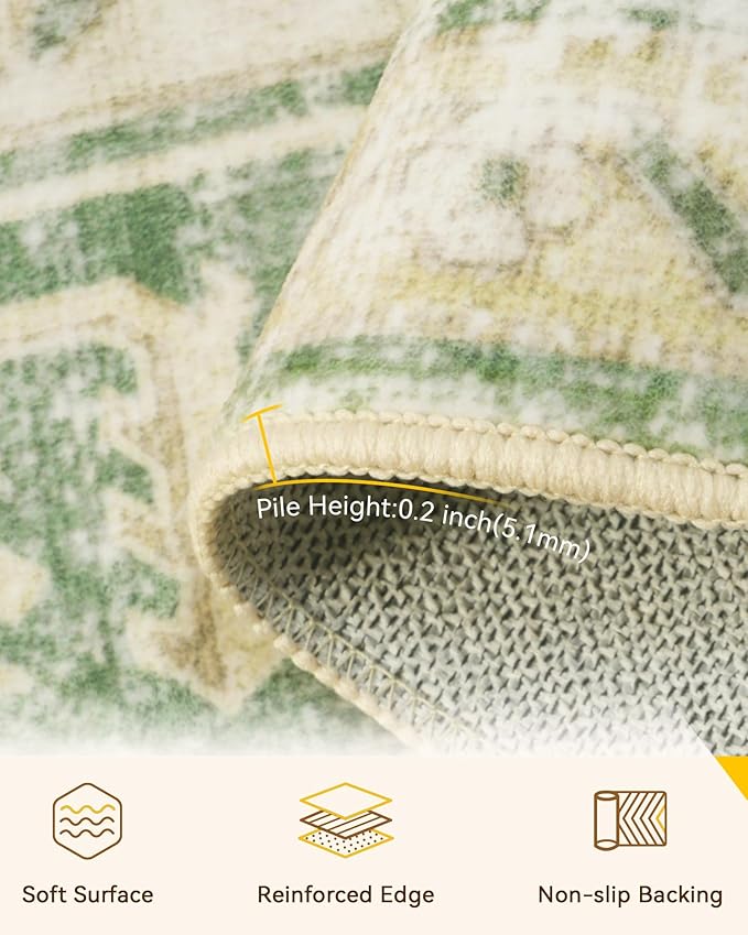 RELEANY Area Rugs 4'x6' Washable Non-Slip, Floral Vintage Distress Print Pattern Medallion Carpet for Living Room Bedroom Dining Room, Sage Green Yellow