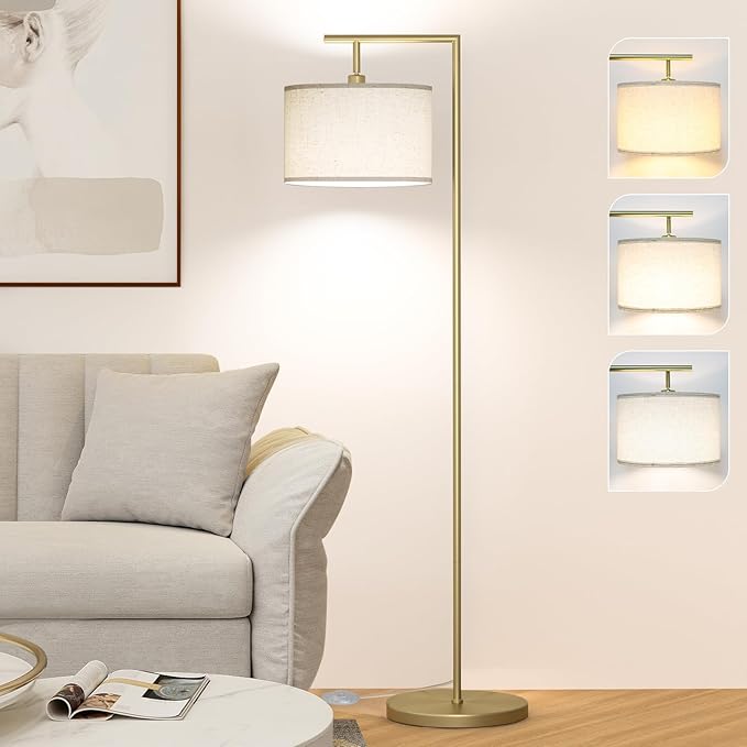 CNXIN Floor Lamp for Living Room with 3 Color Temperatures Standing Lamp with Adjustable Beige Linen Lampshade Tall Lamps for Bedroom Office Classroom Dorm Room, 9W LED Bulb Included, Gold