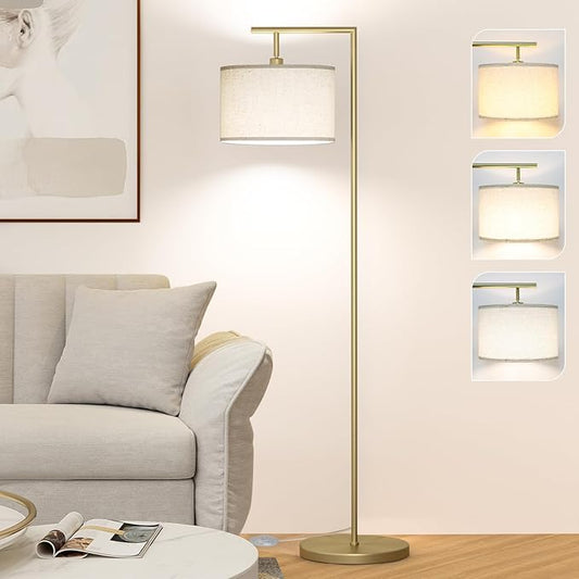 CNXIN Floor Lamp for Living Room with 3 Color Temperatures Standing Lamp with Adjustable Beige Linen Lampshade Tall Lamps for Bedroom Office Classroom Dorm Room, 9W LED Bulb Included, Gold