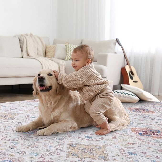 Vanmoos 4x6 Area Rug - Machine Washable, Non-Slip Soft Carpet for Living Room, Bedroom, Office, Dining Room - Durable Accent Rug for Farmhouse & High-Traffic Areas, Charm/Beige