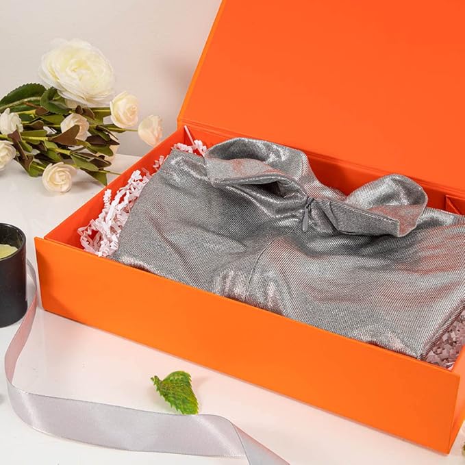 Orange Gift Boxes with Lids 12x8x2.5 Inches, Shirt Gift Boxes for Wrapping, Magnetic Gift Boxes Bulk for Presents （Orange Peel Grain;5Pcs）