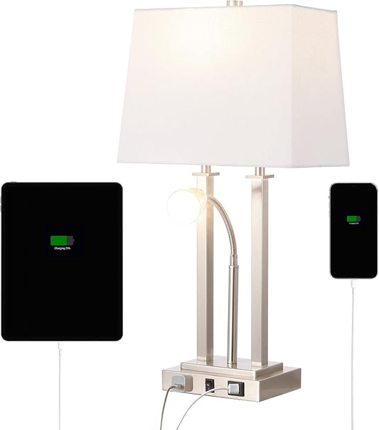 JONATHAN Y JYL1144C Blaire 23.75" 2-Light Modern Farmhouse Metal LED Table Lamp with USB Charging Port for Bedroom, Living Room, Office, Adjustable Reading Light and AC Outlet, Nickel