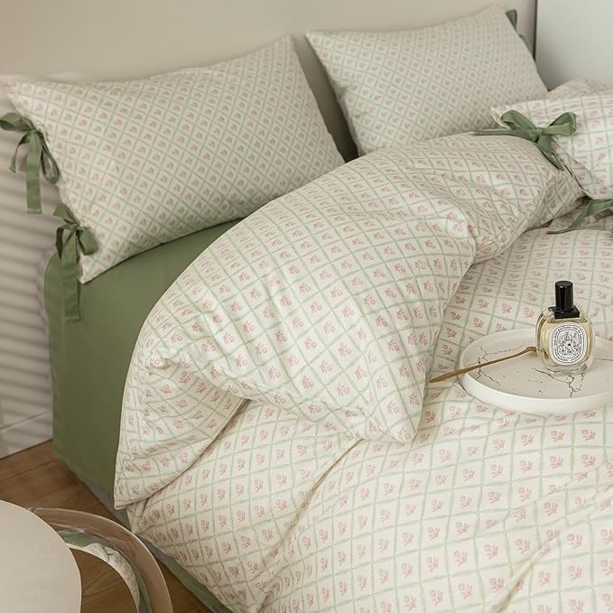 Pink Flower Duvet Cover Queen Green Plaid Grid Duvet Cover 100% Cotton Floral Cottagecore Bedding Set Queen with 2 Bow Ties Pillowcases Vintage Aesthetic Girls Comforter Cover with Zipper Closure