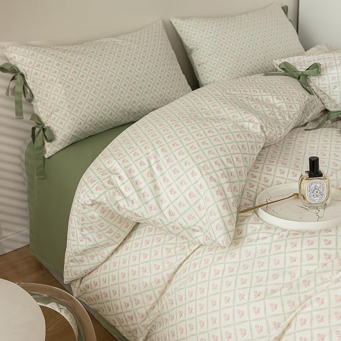 Pink Floral Duvet Cover Twin XL Chic Plaid Grid Duvet Cover with 2 Bowknot Pillowcases Vintage Boho Floral Bedding Set Aesthetic Cute Flower Comforter Cover Soft Cotton Girls Cottagecore Bedding Set