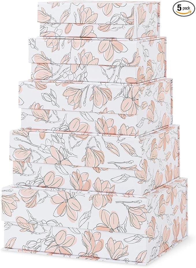 Soul & Lane Decorative Cardboard Storage Boxes with Lids - Set of 5, Floral Nesting Keepsake and Memory Boxes, Organizers with Magnetic Closure for Home Décor and Gifts, Canvas Bloom