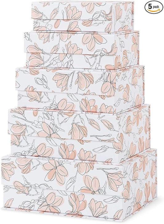 Soul & Lane Decorative Cardboard Storage Boxes with Lids - Set of 5, Floral Nesting Keepsake and Memory Boxes, Organizers with Magnetic Closure for Home Décor and Gifts, Canvas Bloom