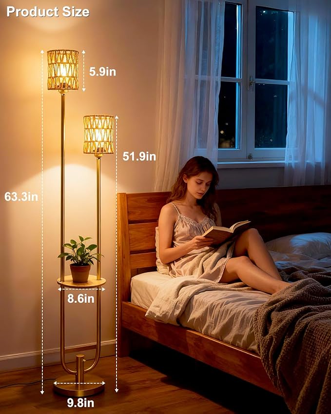 Lightdot 63IN Gold Floor Lamp with 2 Rattan Shades Mid Century Standing Lamps with Warm White LED Bulbs, Unique Vintage Tall Floor Lamp for Living Room/Wedding/Party