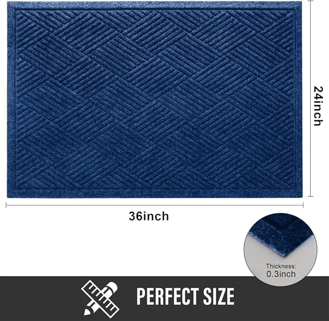 HIYARD Sturdy Front Door Mat, Absorbent Muddy Dirt Resist Welcome Door Mats Outdoor Indoor, Stain and Fade Resistant, Non-Slip Rubber Backing Low Profile Doormat for Entryway, 36×24, Blue