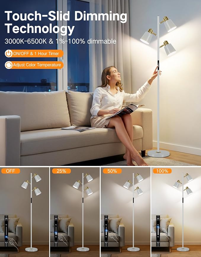 OUTON LED Tree Floor Lamp, Modern Dimmable Standing Lamp with Remote & Touch Control, 4 Color Temperatures, 3 Rotatable Lights Floor Lamps for Living Room, Bedroom, Office, Grey & Gold