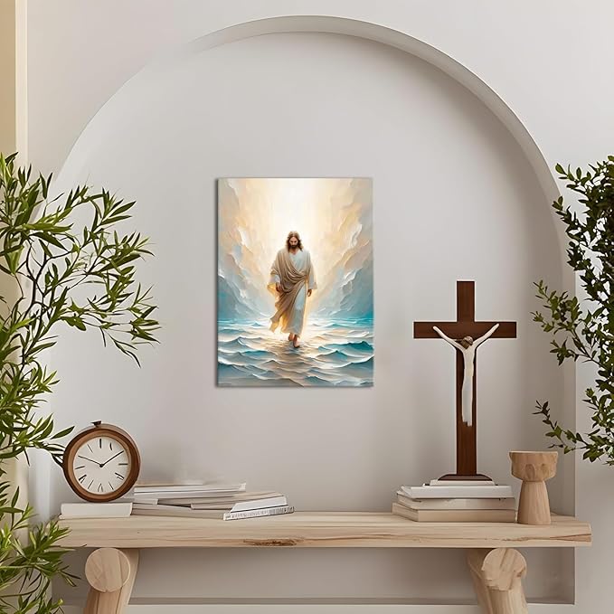 Jesus Walking on Water Canvas Wall Art Religious Christian Bible Stories Poster Oil Painting Wall Decor Religious Savior Pictures Aesthetic for Living Prayer Room Church Bedroom 12x16 in Framed