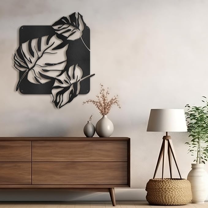 SIGNLEADER Metal Wall Art Decor Tropical Monstera Leaf Minimalist Modern Abstract Wall Sculpture Hangings Home Decoration for Living Room, Bedroom, Bathroom, Kitchen, Outdoor - 18" Black