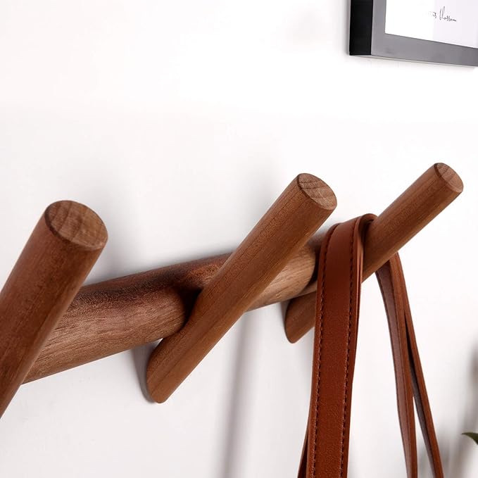 Wood Coat Hooks Wall Mounted Hat Rack Tower Hanger Wall Hooks Decorative Hanger with Pegs Entryway Bedroom Bathroom（Black Walnut，3 Hooks）
