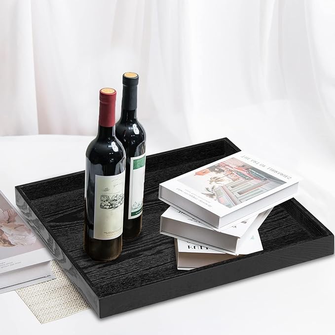 16 x 16 Inches Large Square Black Solid Wood Ottoman Tray, Serve Tea, Coffee or Breakfast in Bed, Classic Wooden Decorative Serving Tray with Raised Edges, Kitchen Party Bar Server Table Tray