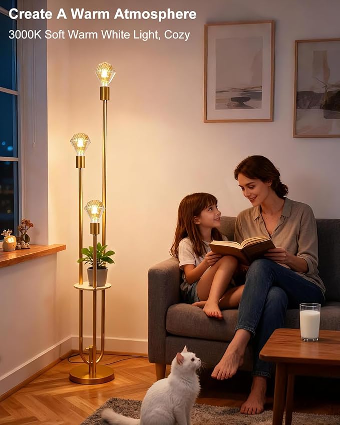 Lightdot Gold Floor Lamp for Living Room, Dimmable Vintage Floor Lamp with Shelf & E26 Base Bulbs, 3 Light 3000K Warmwhite Mid Century Standing Lamp for Reading, Tall Lamp for Bedroom Office