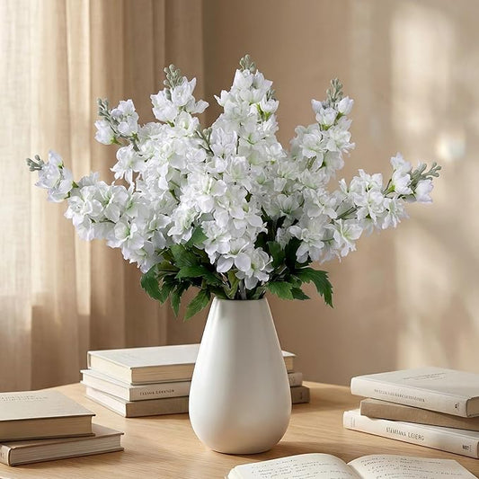 Fake Flowers 23.6” Delphinium Artificial Flowers 8Pcs Silk Flowers with Stems Long Stem Artificial Flowers for Tall Vase Faux Flowers for Indoor Home Decoration Wedding Decoration Centerpiece White