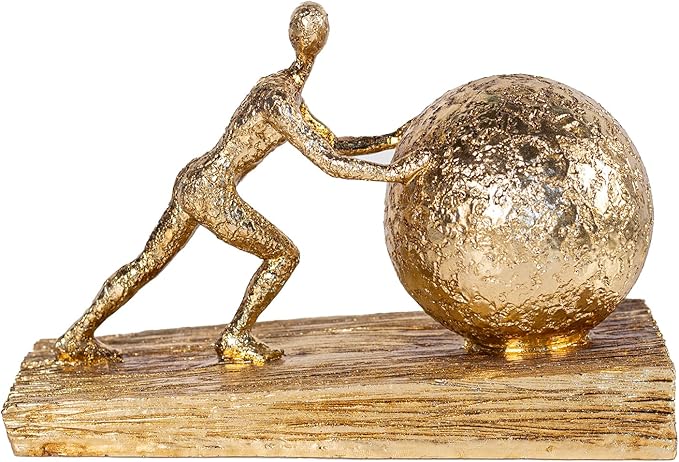 Man with Sphere Iron Statue Metal Sculpture Sportsman Art Metal Ornament Figurine Home and Office Decor （Golden）
