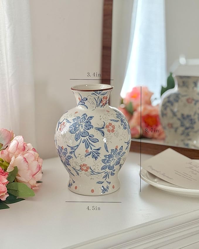Vintage Blue and White Ceramic Vase, Classic Decorative Porcelain Flower Vase for Centerpiece Living Room Table Shelf, Chinoiserie Country Decor