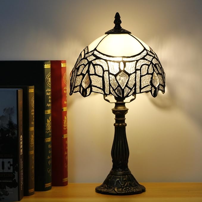 Small Tiffany Lamp Stained Glass Desk Lamp Vintage Tiffany Bedside Table Lamp for Home Living Room Bedroom Nightstand 8X15 Inch (White Bending Style)