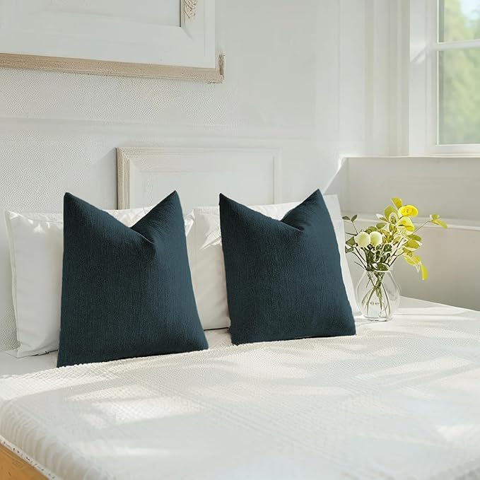 HAUSSY Navy Blue Throw Pillow Covers 22x22 Inch Set of 2,Boho Decorative Faux Linen Throw Pillows Cozy Farmhouse Accent Cushion Covers,Home Decor for Couch Sofa Bed Living Room